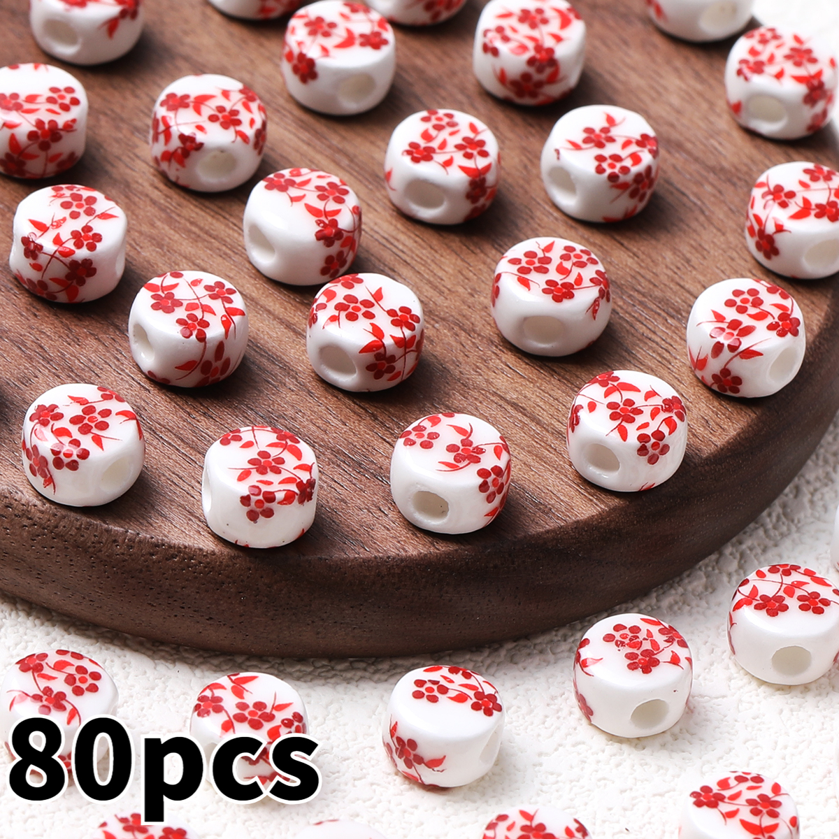 20pcs Random Color Flat Round Printed Flower Ceramic Beads